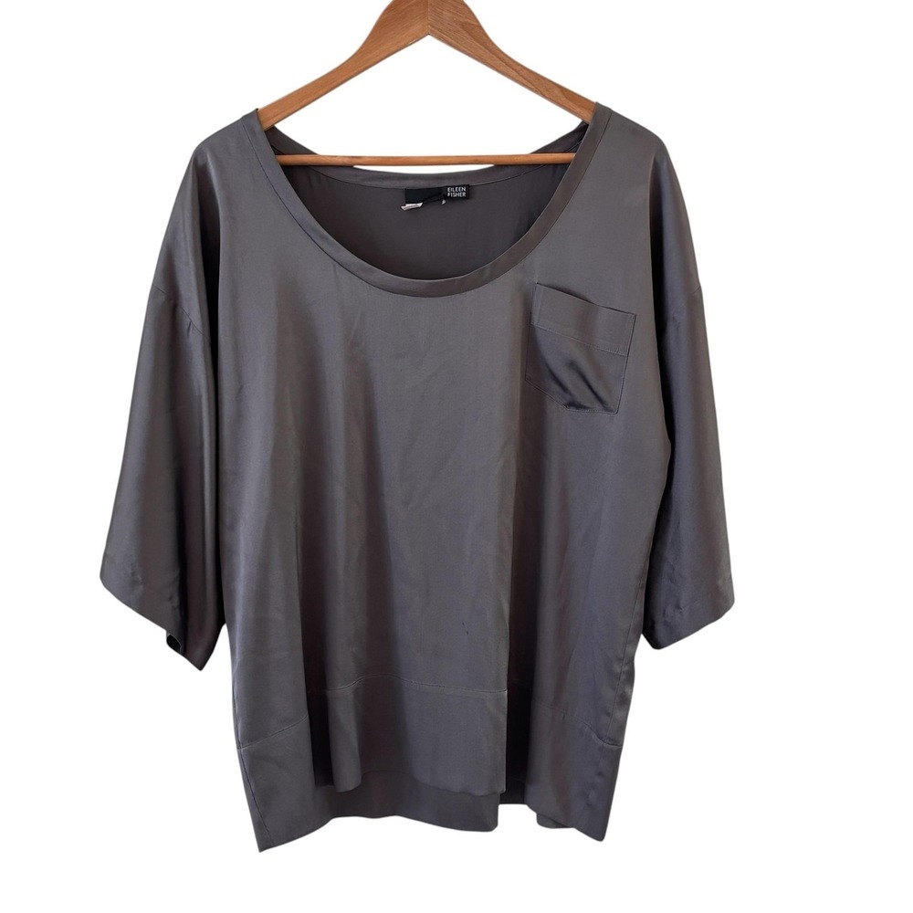 Eileen Fisher Silk Satin Tunic Top Womens S Gray Kimono Sleeve Minimalist Chic